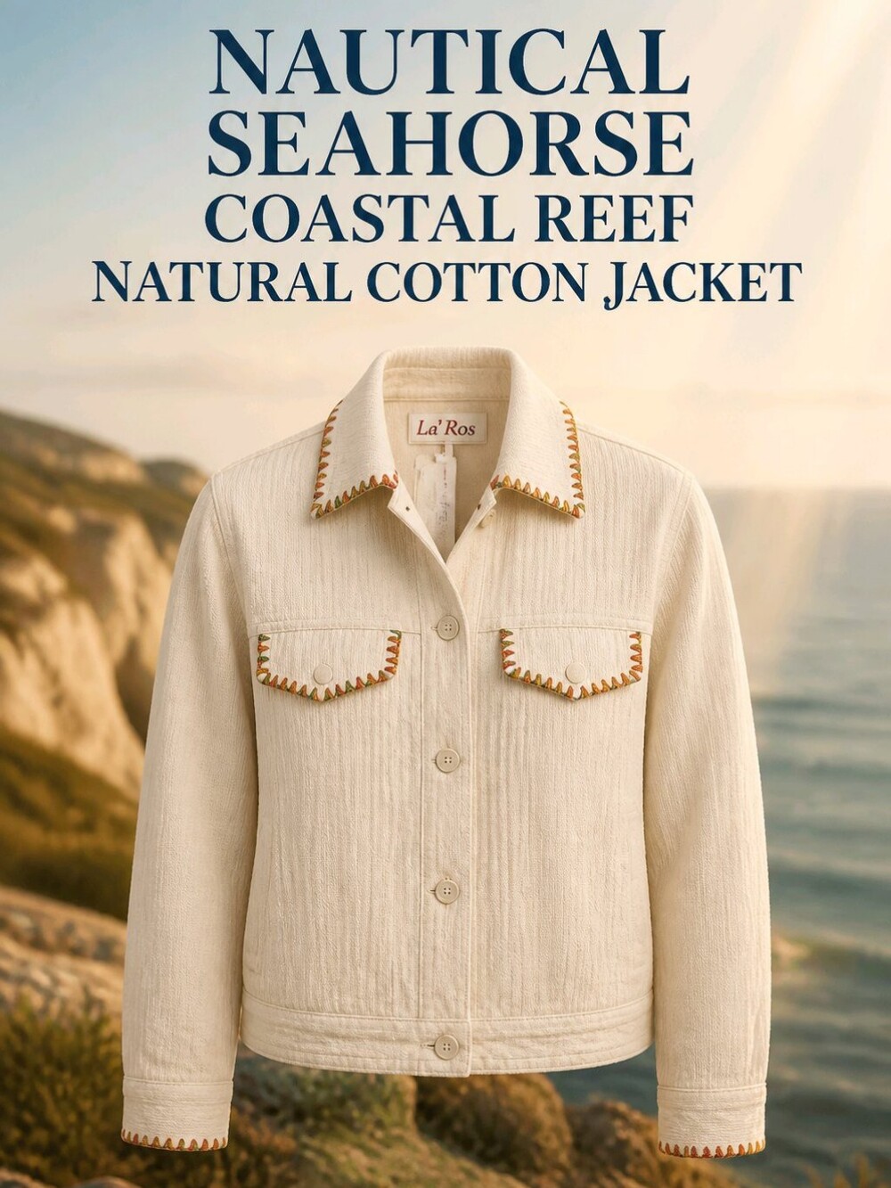 Nautical Seahorse Coastal Reef Natural 100% Cotton Jacket Small Medium New - Picture 3 of 11